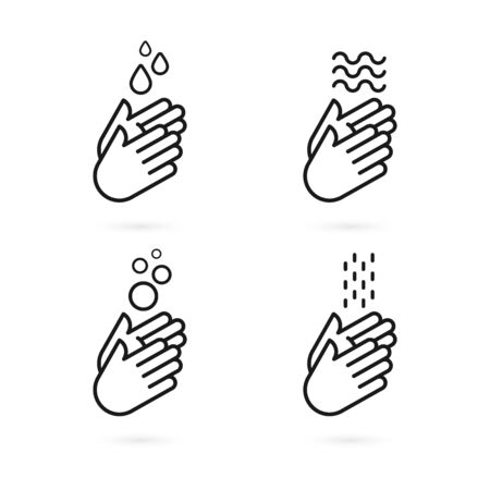 Hand washing icon set. Hands with water symbols. Black outline. Prevention against viruses, bacteria, flu, coronavirus. Concept of hygiene, cleanliness, disinfection. Vector illustration, flat designのイラスト素材