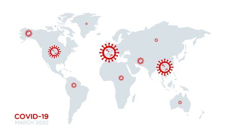 Covid-19 world map. Coronavirus disease situation. March 2020. Global pandemic. Vector illustration, flat designのイラスト素材