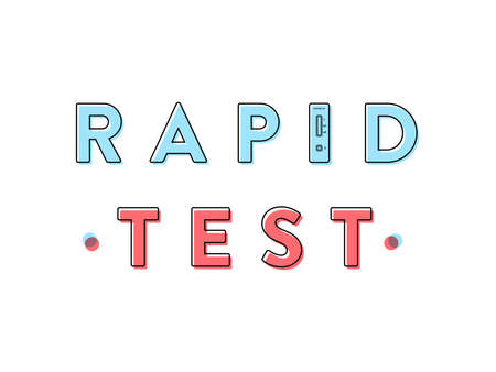 Rapid test title with blue and red letters. Coronavirus rapid diagnostic test device. The letter "i" is replaced by a rapid test icon. Pandemic concept. Vector illustration, flat designのイラスト素材