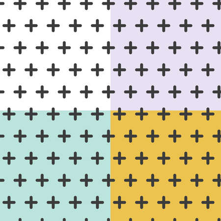 Seamless minimal pattern with black crosses. Different color backgrounds: white, violet, turquoise, mustard. Halloween inspiration. Vector illustration, flat designのイラスト素材