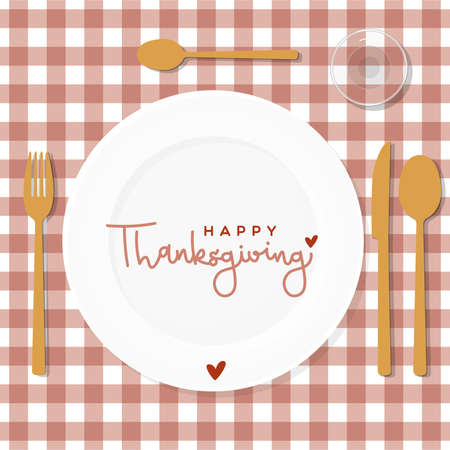 Table set for Thanksgiving Day. Golden cutlery, plate and glass. Burgundy checkered tablecloth background pattern. Vector illustration, flat designのイラスト素材