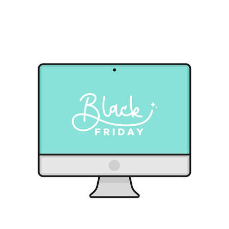 Black Friday lettering on screen desktop. Concept of online shopping, web purchases, digital business. Vector illustration, flat designのイラスト素材