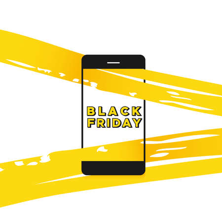Black friday Yellow brush strokes cross the screen mobile phone. Vector illustration, flat designのイラスト素材