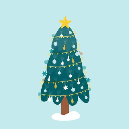 Merry Christmas. Christmas tree with star. Decoration, ornaments, balls and Christmas lights on the tree. Vector illustration, flat designのイラスト素材