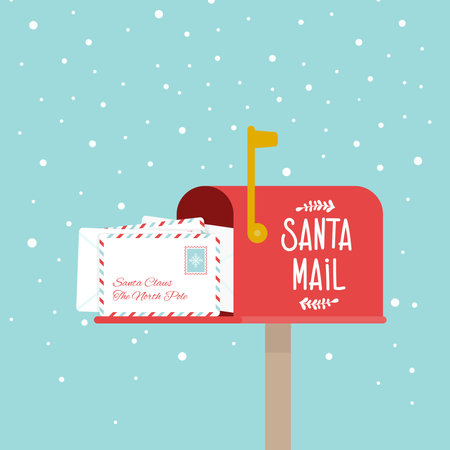 Opened outdoor Christmas mailbox full of letters. Santa Claus mail. Snowing. Raised mailbox flag. Vector illustration, flat designのイラスト素材