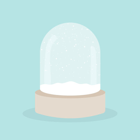 Empty crystal snow globe. Merry Christmas. Wooden base. Glass ball jar decoration. Vector illustration, flat designのイラスト素材