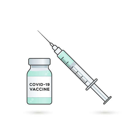Coronavirus vaccine. Vial bottle and syringe. For prevention and immunization from Covid-19. Vector illustration, flat designのイラスト素材