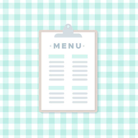 Clipboard icon. Menu restaurant. Turquoise checkered tablecloth. Vector illustration, flat designのイラスト素材