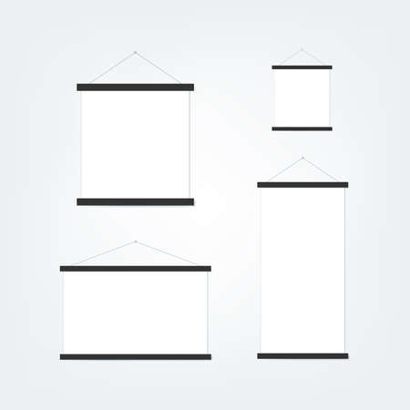 Black frame with sheet of paper hanging on the wall. Set. Nordic style. Vector illustration, flat designのイラスト素材