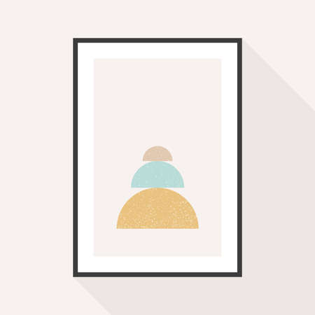 Minimal geometric composition. Semi circles with grunge texture. Black frame hanging on the wall. Vector illustration, flat designのイラスト素材