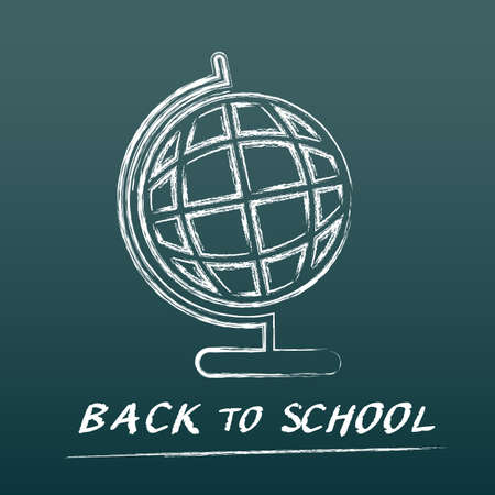 Chalk world ball icon. Back to school. Green blackboard. Vector illustration, flat designのイラスト素材