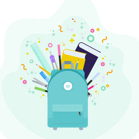 Backpack full of school supplies: marker pens, colorful pencils, scissors, ruler, clips and paper clips. Back to school concept. Vector illustration, flat designのイラスト素材