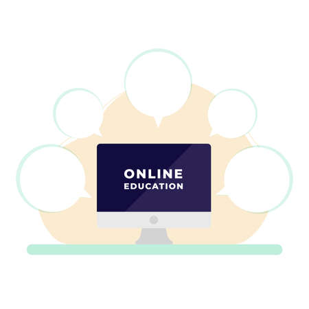 Online education concept. Desktop computer surrounded by speech bubbles on desk. Back to school. Vector illustration, flat designのイラスト素材