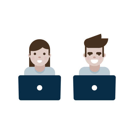 Two characters icons. Two people with laptop computers. Networking, communication, freelancer, digital professional career concept. Vector illustration, flat designのイラスト素材