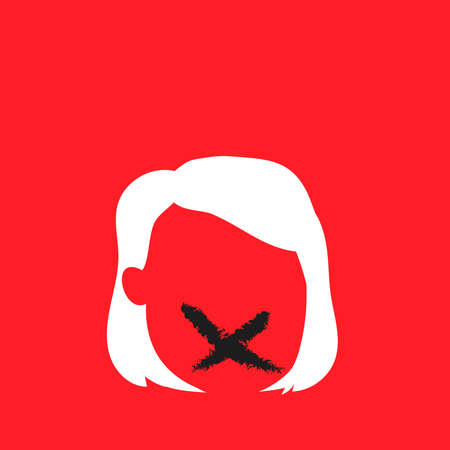 Child abuse concept. Red background, girl child portrait and black cross. Vector illustration, flat...