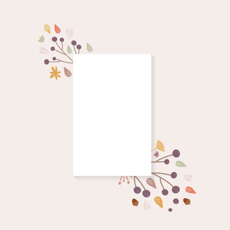 Autumn background. Hand drawn elements frame with autumnal colors on cream background. Fruits, seeds, flowers, leaves, mushrooms, branch, acorns around a rectangle. Vector illustration, flat designのイラスト素材