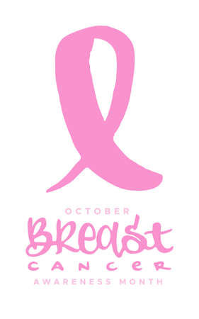 Breast cancer awareness month lettering. Pink ribbon. Vertical composition. Vector illustration, flat designのイラスト素材