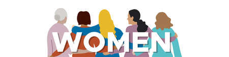 International Women's Day. March 8. Group of five women embracing of different ages with the word women in the middle. Concept of human rights, equality. Vector illustration, flat designのイラスト素材