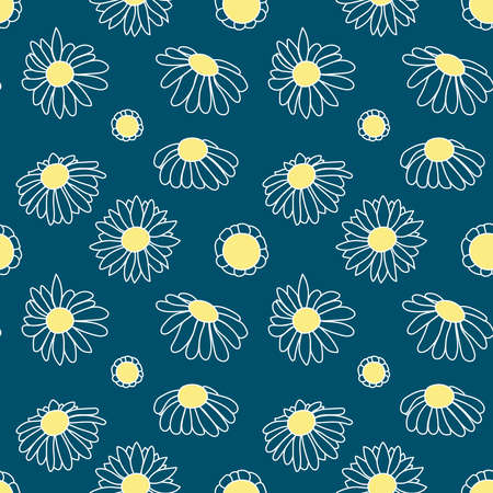 Floral seamless pattern. Print with spring flowers. Classical daisies white and pale yellow. Blue background. Vector illustration, flat designのイラスト素材