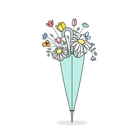 Floral bouquet in a turquoise umbrella. Blackoutline. Filled hand drawn illustration. Isolated. Vector illustration, flat designのイラスト素材