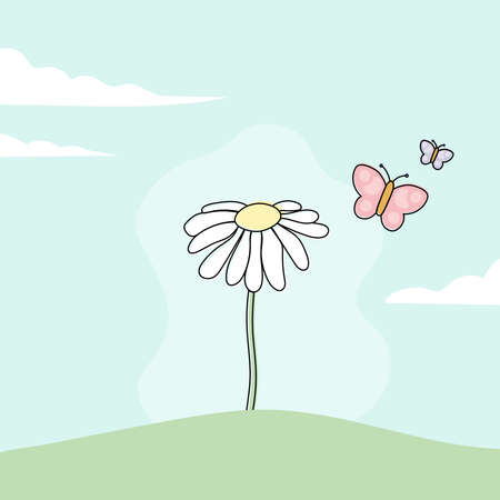 Landscape with daisy flower and butterflies. Vector illustration, flat designのイラスト素材