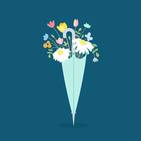 Floral bouquet in a turquoise umbrella. Hand-drawn illustration. Blue background. Vector illustration, flat designのイラスト素材