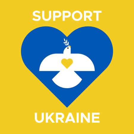 Support Ukraine. White dove flying with olive branch on blue and yellow background. Peace symbol. Vector illustration, flat designのイラスト素材