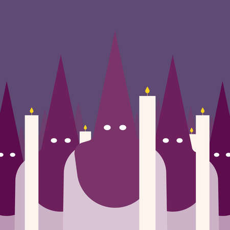 Group of people with a hood with conical tip, called in Spanish "capirote". Holy Week. Spanish culture. Vector illustration, flat designのイラスト素材