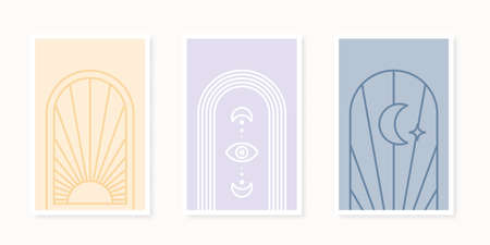 Boho geometric shapes poster collection. line art Minimalist wall decoration, print or postcard. Mystical style. Vector illustration, flat designのイラスト素材