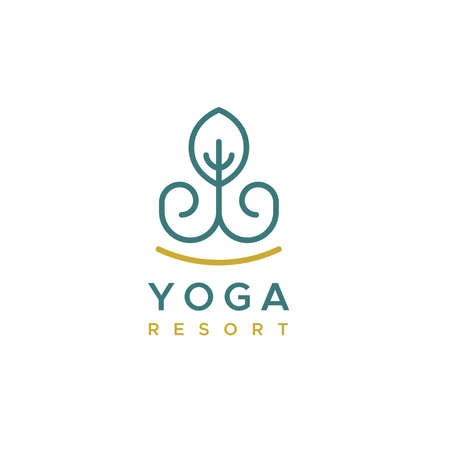 Yoga resort logo. Outline flower symbol. Concept of meditation, luxury, physical and mental health. Vector illustration, flat designのイラスト素材