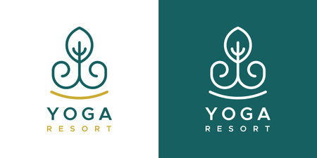 Yoga resort logo. Outline flower symbol. For company brand, packaging, product. Logotype in two versions: color and white. Vector illustration, flat designのイラスト素材