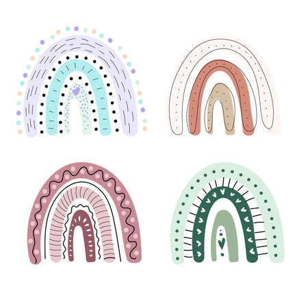 Hand drawn boho colorful rainbow set. Scandinavian organic shapes. For home decoration, baby shower, children room, birthday. Vector illustration, flat designのイラスト素材