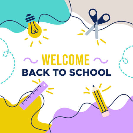 Welcome back to school square banner. School supplies stationery icons. Funny colorful organic shapes background. Concept of education. Vector illustration, flat designのイラスト素材