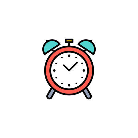 Alarm clock minimal icon. Colorful filled pictogram. Desktop clock. Blackoutline. Concept of get up early, timer, schedule. Vector illustration, flat designのイラスト素材