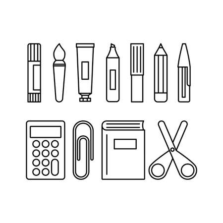 School supplies icon set. Black outline office pictograms collection. Back to school inspiration. Concept of education. Vector illustration, flat designのイラスト素材