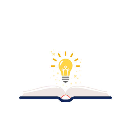 Open book with light bulb. Square-banner. Concept of imagination, creativity, research, solution. Vector illustration, flat designのイラスト素材