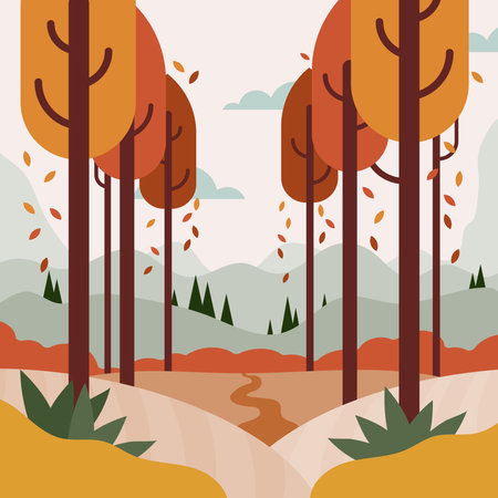 Autumnal forest landscape with path. Bucolic golden light. Trees in a row with falling leaves. Vector illustration, flat designのイラスト素材