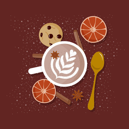 Still life with latte art top view. Cup of coffee with milk with teaspoon, chocolate cookie, dry oranges, stick cinnamon, star anise. Cozy atmosphere in autumn. Vector illustration, flat designのイラスト素材