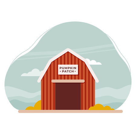 Pumpkin patch. Building farm with pumpkins. Autumnal activities. Vector illustration, flat designのイラスト素材