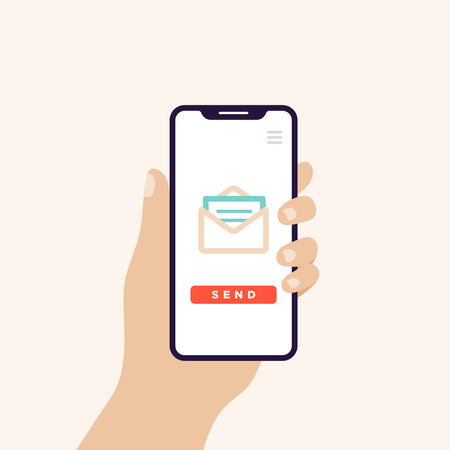 Hand holding smart phone in vertical position banner. Screen with open email icon and send button. Vector illustration, flat designのイラスト素材