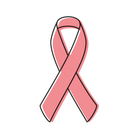 Awareness ribbon. Black outline. Pink colour. Breast cancer. Vector illustration, flat designのイラスト素材