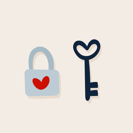Happy Valentine's Day. Key and closed padlock. Hand drawn doodle. Vector illustration, flat designのイラスト素材