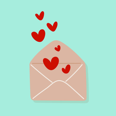 Happy Valentine's Day. Love letter. Open envelope with heart shapes. Hand drawn doodle. Vector illustration, flat designのイラスト素材