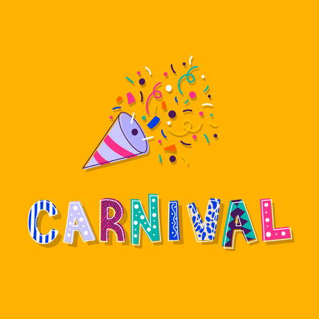 Happy Carnival. Exploding party popper with confetti. Carnival party banner. Vector illustration, flat designのイラスト素材