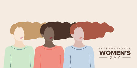 International Women's Day. March 8. Front view portraits women with hair in the wind. Multicultural group. Vector illustration, flat designのイラスト素材