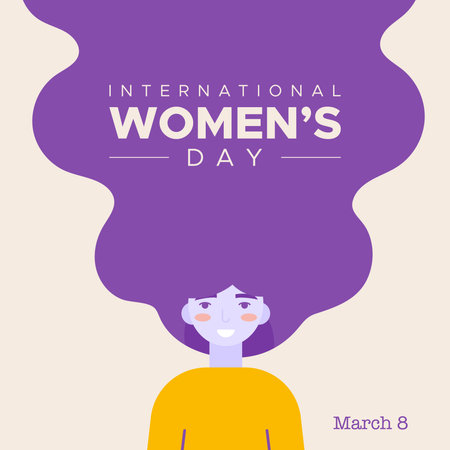International Women's Day. March 8. Woman portrait with long hair. Violet and yellow colors. Concept of human rights, equality. Vector illustration, flat designのイラスト素材