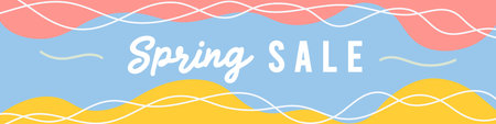 Spring sale colorful horizontal banner. Abstract organic shapes background. For newsletter, web header, social media post and advertising. Vector illustration, flat designのイラスト素材