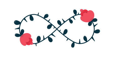 Infinity symbol with flowers and thorns as a metaphor of romantic love concept. Vector illustration, flat designのイラスト素材
