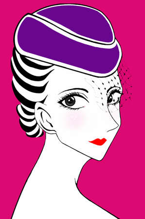 Illustration of a lady in hat on pink backgroundの写真素材