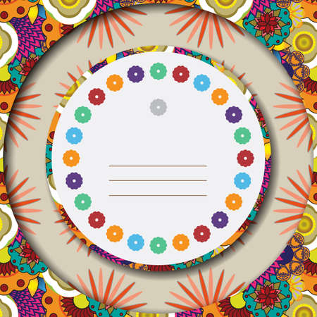 Invitation greeting card with flowers of various colors and shapes on colorful backdrop. Digital background vector illustrationのイラスト素材